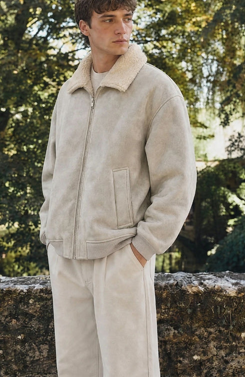 Sherpa Suede Aviator Jacket - Μπεζ