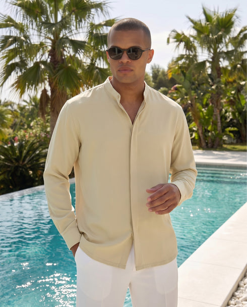 HIDDEN BUTTON MAO SHIRT IN BEIGE
