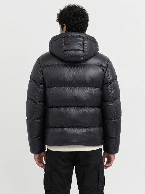 Shiny Quilted Hooded Puffer Jacket - πίσω
